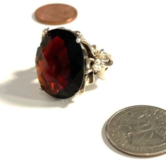 Vintage 925 Silver 22 X 17mm Lab Ruby size 7.5 ring 13.7gm faux seed pearls bows - Picture 10 of 13